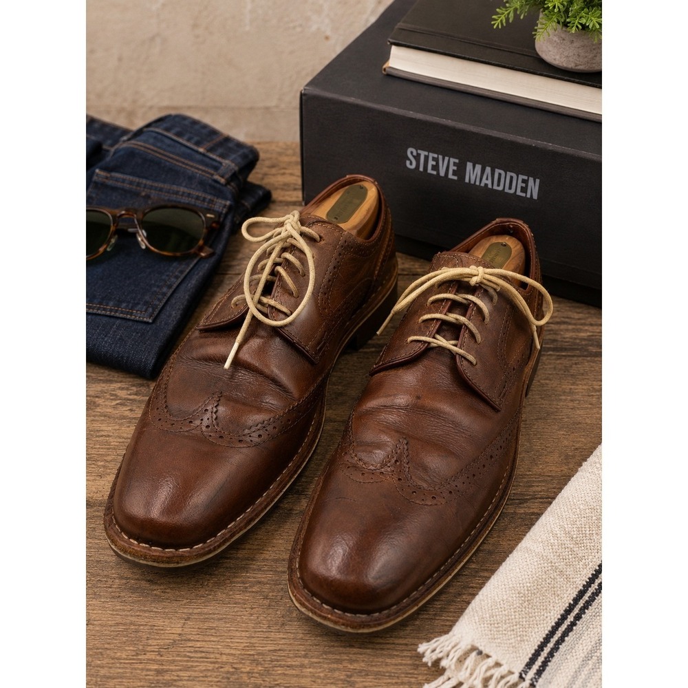 Steve Madden Men's Brn Leather Wingtip Derby Dress Shoes Brogue Business Casual